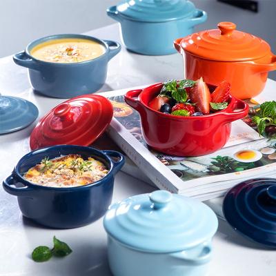 China 2021 Sustainable Ceramic Household Rice Bowl Cooking Supplies Oven Anti-scald Double Ear Soup Bowl With Lid for sale