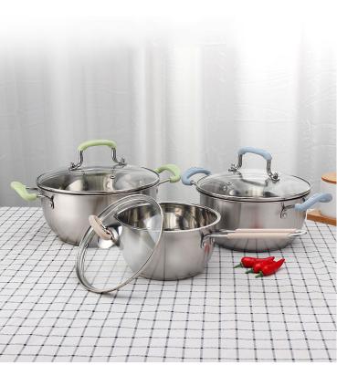 China 2021 Viable Soup Pot Stainless Steel Camping Kitchen Handle Silicone Pots Outdoor Cookware Set for sale