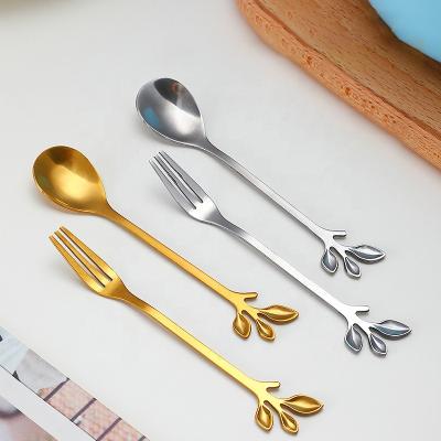 China Sustainable Creative Nordic Style Leaf New Products Gold Spoon Fork Coffee Gold Spoon Stainless Steel Small Flat Dinnerware Set for sale