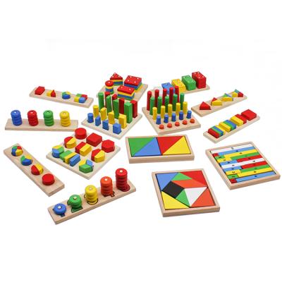 China High quality solid wood+MDF+metal 14 PCS baby teach aid combination wooden montessori toys for 3+ ages W12F033 for sale