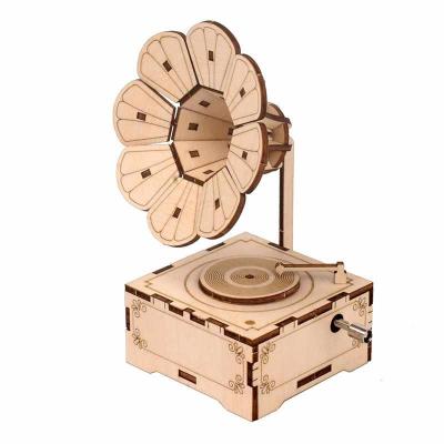 China 3D building gift customized diy sound music box creative handmade assembled wooden toy kids music box for sale