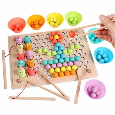 China Manual Puzzle Wooden Children Three-in-One Early Childhood Education Fishing Bead Game Magnetic Clip Pattern Memory Chess for sale