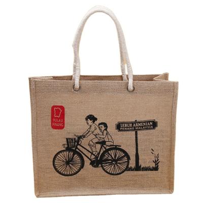 China Custom Logo Woven Bag Foldable Jute Canvas Non Printing Handled Shopping Tote Beach Bag Jute Storage Bag Accept Customized Logo Reusable for sale