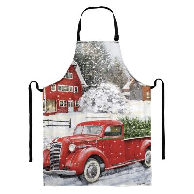 China 2021 Red Retro Truck Car Drink/Food Waitress With Snowflake Christmas Tree Rustic Wood Winter Art Apron For Cooking Print Kitchen Red Apron for sale