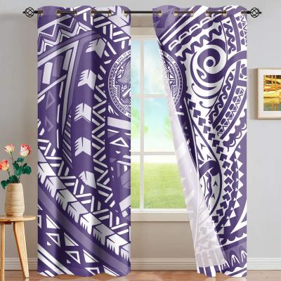 China Soft Fabric 2021 Polynesian Style High Shading Tribal Purple Stripe Print Polyester Cotton Drapes Living Room Bedroom Curtains Window for sale