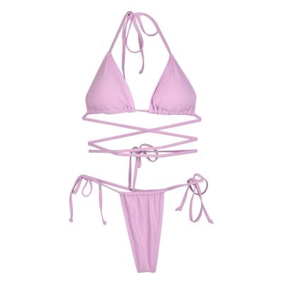 China Custom Breathable 2 Piece Solid Color Quick Dry Bottom Side Ties Adjustable Bandage Women Bikini Set for sale