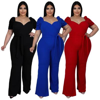 China 2022 Newest Design Ruffle Romper Ladies Viable Wide Leg Pants One Piece High Sleeve Waist Plus Size Overalls For Women for sale