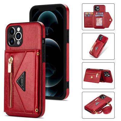 China Anti-fall PU Card Slot Mobile Phone Case Zipper Wallet Purse Phone Case Crossbody Cell Phone Case For iPhone for sale