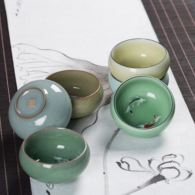 China Sustainable High End Elegant Longquan Teacup Set Fish Pattern Celadon Porcelain Teacup Sets for sale