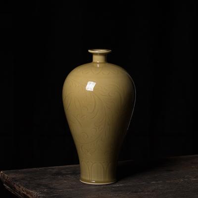 China Plum Pattern Yellow Vintage Ceramic Single Vase Beautiful Classic Celadon Classic Shape for sale