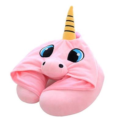 China Cute Blue U-Shape Travel Pillow Unicorn Shading Hoodie Neck Pillow Ergonomic Travel Magnetic Pillow For Kids for sale