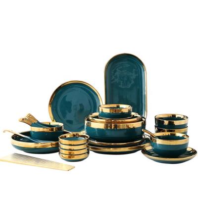 China Sustainable Hot Selling Nordic Simple Luxury Green And Gold Color Porcelain Eco - Friendly Dinnerware Sets for sale