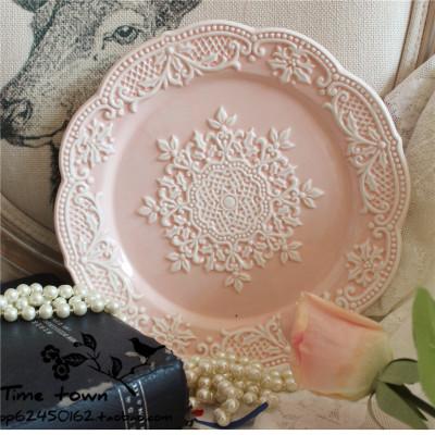 China Factory Supplier Disposable Ceramic Porcelain Lace Wedding Gift Salon Pink Charger Plates Dishes for sale