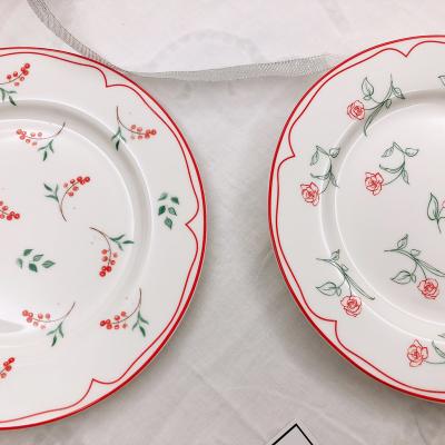 China Sustainable Korean Ceramic Dinner Plate Retro Line Mounted Western Flower Plate Table Fruit Cake Dishes for sale