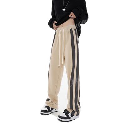 China Khaki Women's Loose Wide Leg Drawstring Sports Tracksuit Vintage Summer High Waist Sportswear Pants Breathable Straight American Style Stripe for sale