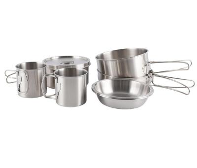 China Cheap Price 8Pcs 304 Stainless Steel Cooking Pots Camping Cookware Set With Detachable Handle for sale