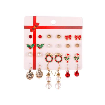 China 2020 Hot Selling Fashion Metal 9 Pairs Cute Stud Earrings Sets Christmas Elk Tree Claus Stud Earrings Sets For Women Jewelry for sale