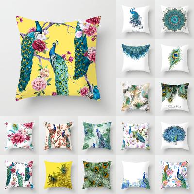 China Anti-Bacteria NO MOQ Wholesale Sublimation Printing Peacock Cushion Cover 18x18 Inch Custom Blue Pillow Case for sale