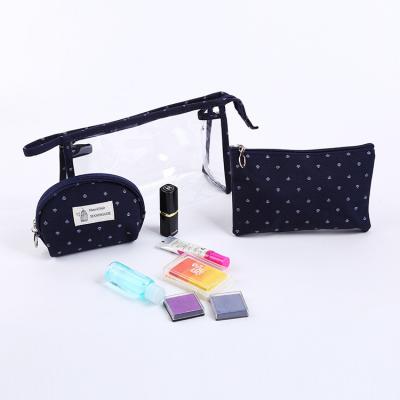 China High Quality Dot Prints Recyclable 3 In 1 Tote Makeup Bag Transparent PVC Customized Cosmetic Bag Set for sale