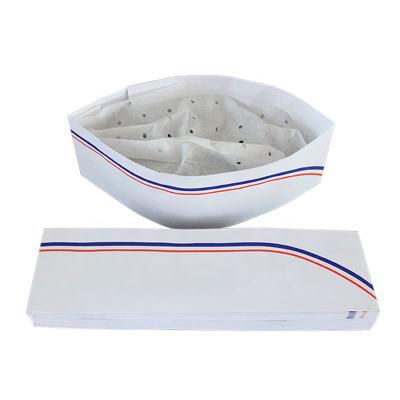 China Eco - Friendly Disposable Forage Paper Chef Hat Folding Paper Cooking Hat With Red&Blue Stripe for sale