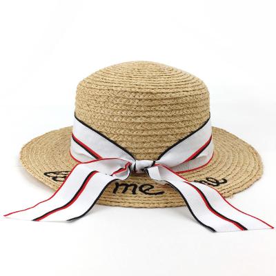 China Comfy Ladies Letter Soft Hat Promotional Bowknot Embroidery Sun Wide Brim Straw Hats Wholesale 2022 for sale