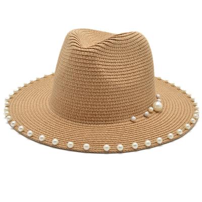 China Wholesale Custom Paper Checked Panama Beach Straw Hats Summer Women Pearls Straw Hats Sun Hat for sale