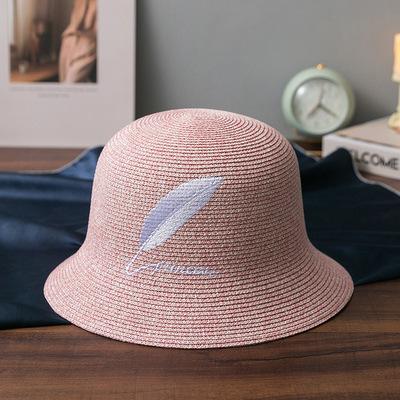 China 2021 Image Women's Hats Spring Wide Beach Straw Hats Feather Embroidery Brim Madame Paper Bucket Hat Summer for sale