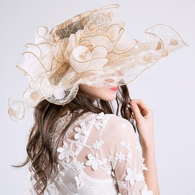 China Elegant Summer Sun Hats Women Flower Ladies Kentucky Derby Wide Brim Fedoras Hats Dobby Big Fails Beige Organza Tea Party Church Hat for sale