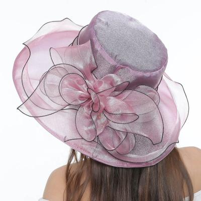 China Lady Spring Summer Sun Dobby Lady Hat Women's Luxury Ruffle Brim Floral Derby Wide Brim Hat Church Party Wedding Organza Hat for sale