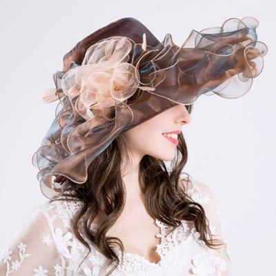 China Elegant Sun Kentucky Derby Hat Women Church Party Organza Hat Ladies Summer Flowers Dobby Beach Large for sale