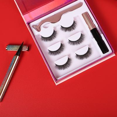 China Long Nature Eyelash Wholesale Seller 3 Pairs Magnetic Eyelash With Eyeliner And Tweezers for sale