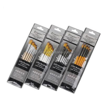 China Watetcolor Painting Four Colors Wholesale 5pcs Nylon Watercolor And Gouache Paint Wooden Brush With Multiple Hair Shapes For Art Painting for sale