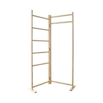 China Foldable and Movable Bamboo Wooden Garment Clothes Hanging Rack Space Saving Collapsible Rack Heavy Duty for sale