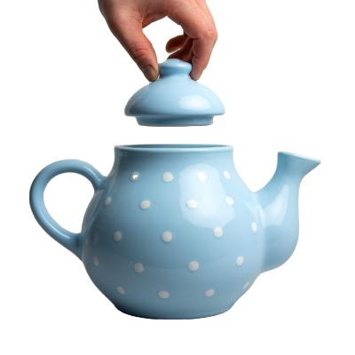 China Viable Factory Custom Ceramic Teapot Set for Tea Party, Blue Porcelain Teapot Set with Cups and Infuser, 25oz for sale