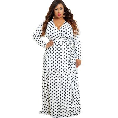 China 2020 Anti-Static Women Dot Print Casual V-Neck Long Sheath Female Maxi Dress Plus Size Women Dress for sale