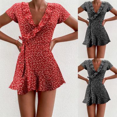 China Summer Women's Anti-wrinkle Ruffle Dress Sweet Line Floral V-Neck Bandage Short A Dress For Lady Chic Flowers Mini Dress for sale