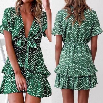 China Ladies Lace Up Short Dot Front Knot V-neck Beach Sundress Short Mini Summer Boho Ruffled Polka Dot Dress New Arrival Anti-wrinkle for sale