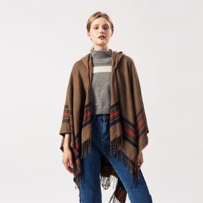 China Classic Ladies Poncho Shawl Winter Slimy Wholesale Women's Camel Stripes Sweater Sweater for sale