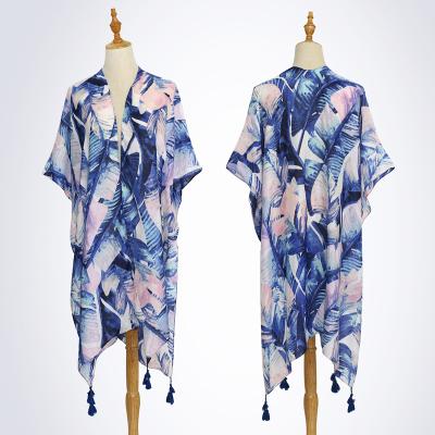 China Squishy Beach Vacation Leaves Floral Print Poncho Women Summer Spring Shawls Custom Made Multiple Styles Poncho Shawl Fashion Cover Up for sale