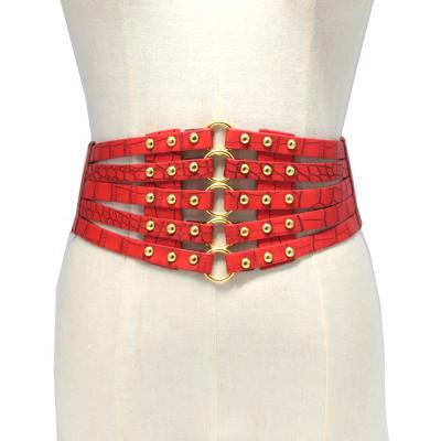 China Fashion Womens Girls PU Leather Buckle Strap+Alloy Wide Waist Style Belt Punk Cavity Hollow Rivets Stretch Strap Belt Corset for sale