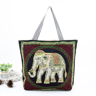 China Beach Tote Wholesale Cotton Canvas Handbag Lady Trendy Elephant Embroidery Canvas Woman Handbag Summer for sale