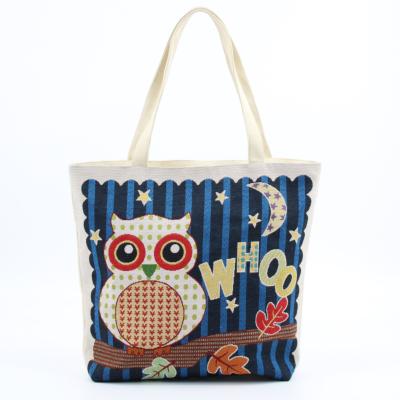 China Wholesale Summer Girls Canvas Lady Fashion Animal Owls Embroidery Women's Cotton Beach Tote Handbag Bag for sale