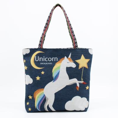 China Lady Thailand Burma Fashion Unicorn Beach Bag Handbag Large Capacity Shopping Bag Shoulder Strap Zipper Tote Ladies Jacquard Bag for sale