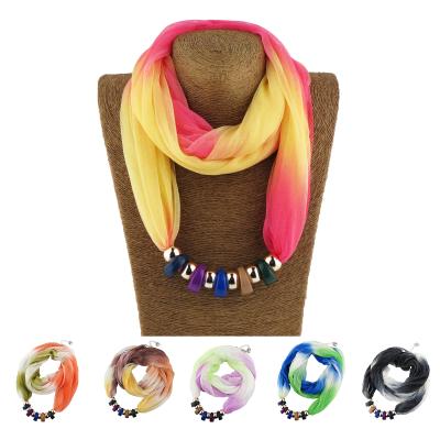 China Polyester Fashion Women Jewelry Statement Necklace Scarf Gradient Color Veil Jewelry Pearl Scarf With Acrylic Pendant Chain for sale