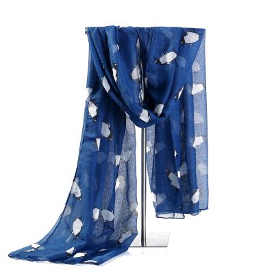 China Current Cheap Price Big Squishy Penguin Printed Design Neck Cuff Voile Cotton Animal Scarves Women's Squishy Voile Scarf for sale