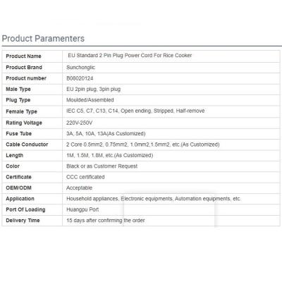 China Cheap Home Appliance Price Copper Conductor AC Power Cable Eu 2 Pin Cdc Plug Power Cord for sale