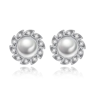 China CLASSIC Women's Zircon Copper Alloy Jewelry Artificial Pearl S925 Sun Flower Leaf Shape Silver Plated Earring for sale