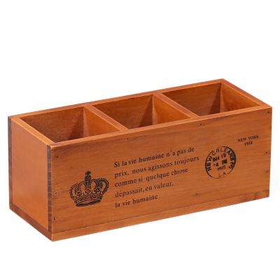 China Retro Retro Three-grid Pen Holder Multifunctional Solid Wood Sundries Storage Box Stationery Wood Desktop Storage Box for sale