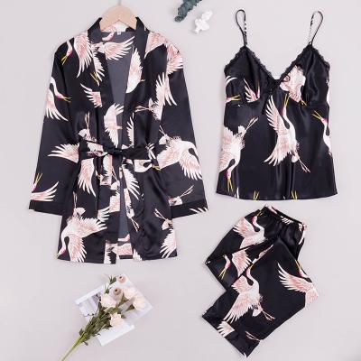 China INTIFLOWER QUICK DRY Wholesale High Quality Custom Made 3 Pieces Set Pajamas Ladies Silk Satin Sleepwear For Women Girl Robe for sale