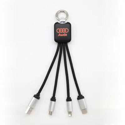 China New Promotional Gift Mobile Phone Light Up Logo 3 in 1 USB Cable Multi Key Chain Fast Charging Cable for iPhone and Android Typec Phones for sale